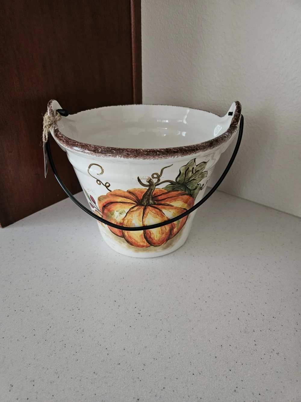 Decorative Autumn Pumpkin Ceramic Bucket- White and Orange